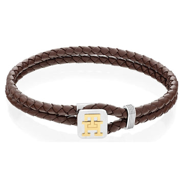 Ανδρικό βραχιόλι Tommy Hilfiger 2790532 από καφέ δέρμα με ασημένιο κούμπωμα και χρυσές λεπτομέρειες.